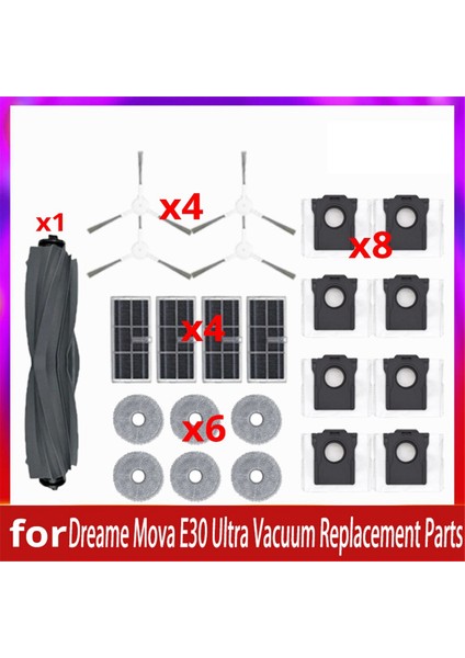 Dreame Mova E30 Için Ultra Robot Vakum Süpürücü Süpürücü Aksesuarları Ana Silindir Yan Fırça Filtre Mop Bez Toz Çanta (Yurt Dışından)
