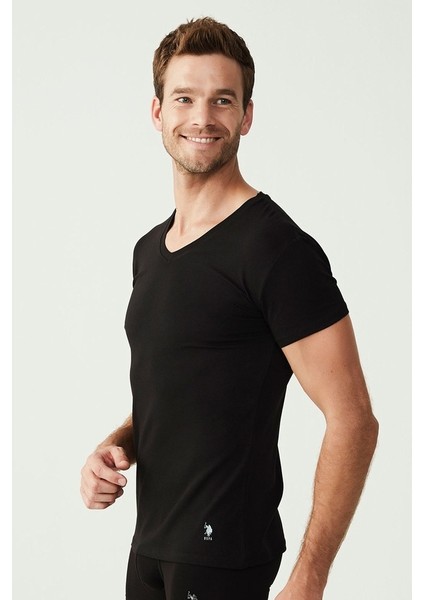 Lisanslı %47 Pamuk %47 Modal Erkek Kısa Kol V Yaka Atlet / Siyah