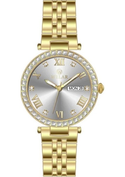 WEL3309-4 Altın Gold Kaplama Taşlı Kasa ve Gold Kordon Çelik Kadın Kol Saati