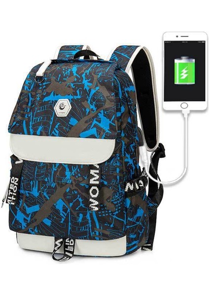 Popındıke Erkek Sırt Çantası USB Sırt Çantası Kanvas Öğrenci Okul Çantası (Yurt Dışından)