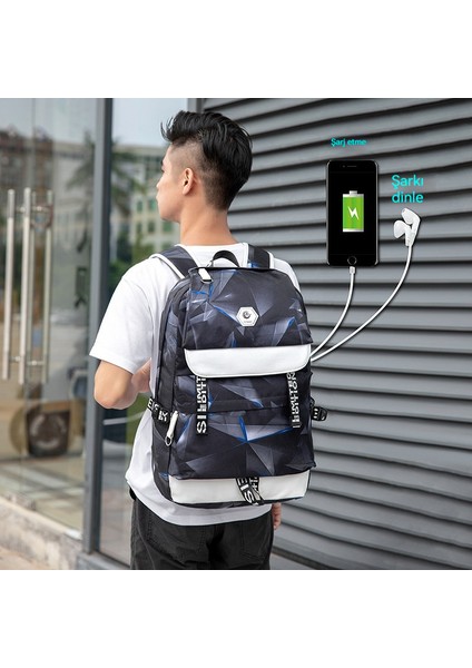 Popındıke Erkek Sırt Çantası USB Sırt Çantası Kanvas Öğrenci Okul Çantası (Yurt Dışından) fiyatları