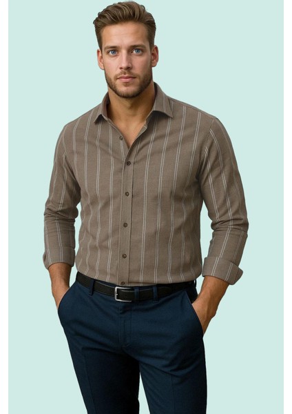 Erkek Slim Fit Ince Çizgili Gömlek Yaka Düğmeli Uzun Kollu Günlük Yaz Aylarının Vazgeçilmezi