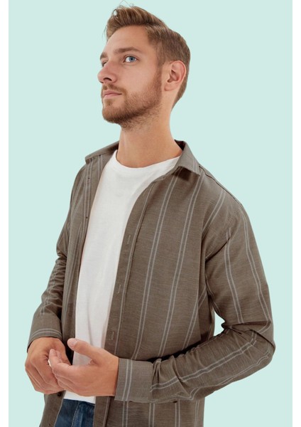 Erkek Slim Fit Ince Çizgili Gömlek Yaka Düğmeli Uzun Kollu Günlük Yaz Aylarının Vazgeçilmezi fiyatları
