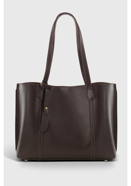 Kahverengi Kadın Üç Bölmeli Deri Görünümlü Shopper El Ve Omuz Çanta 269