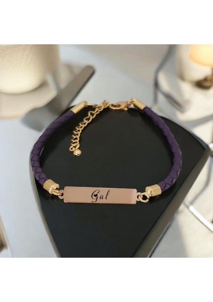 14 Ayar Plakalı Altın Gül Ismine Özel Doğal Mor Derili Dikdörtgen Motifli Hediye BILEKLIK-412ISIM fiyatları