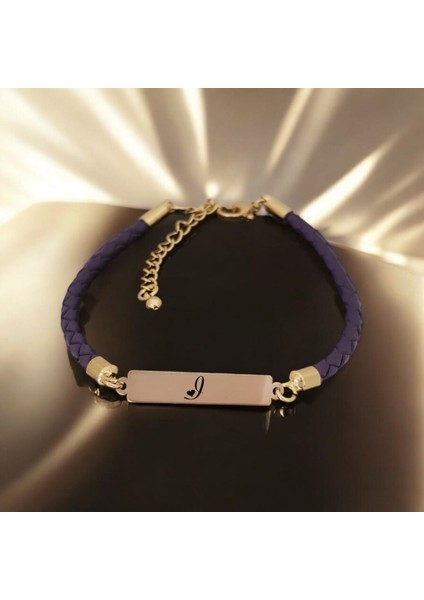 14 Ayar Altın Plakalı I Harfine Özel Dikdörtgen Motifli Doğal Mor Derili Hediye BILEKLIK-412HARF fiyatları