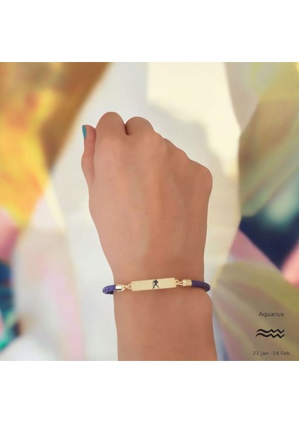 14 Ayar Altın Plakalı Kova Burçlarına Dikdörtgen Motifli Doğal Mor Derili Hediye BILEKLIK-412BURÇ