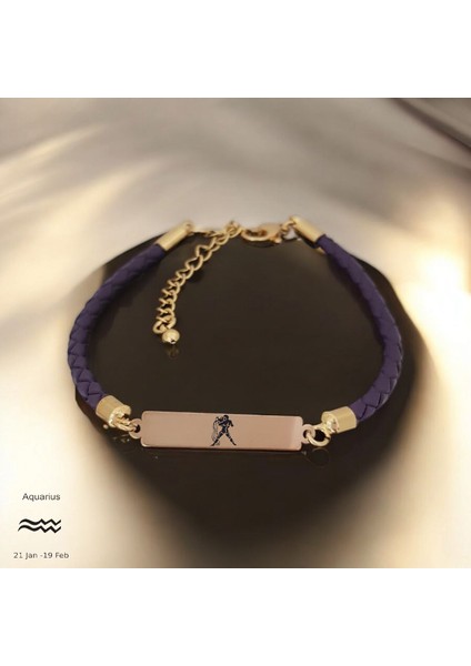 14 Ayar Altın Plakalı Kova Burçlarına Dikdörtgen Motifli Doğal Mor Derili Hediye BILEKLIK-412BURÇ fiyatları