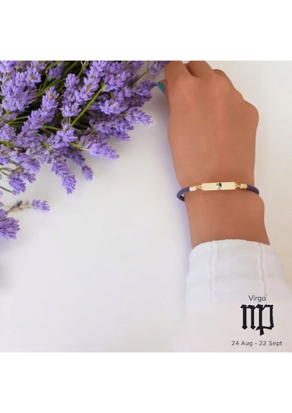 14 Ayar Plakalı Altın Başak Burçlarına Doğal Mor Derili Dikdörtgen Motifli Hediye BILEKLIK-412BURÇ