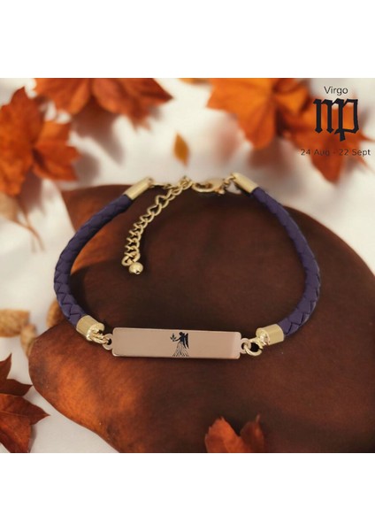14 Ayar Plakalı Altın Başak Burçlarına Doğal Mor Derili Dikdörtgen Motifli Hediye BILEKLIK-412BURÇ fiyatları