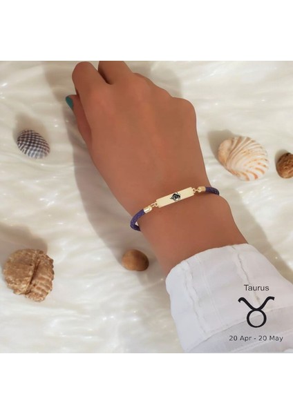 14 Ayar Plakalı Altın Boğa Burçlarına Dikdörtgen Motifli Doğal Mor Derili Hediye BILEKLIK-412BURÇ