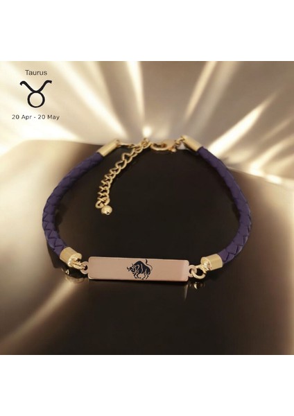 14 Ayar Plakalı Altın Boğa Burçlarına Dikdörtgen Motifli Doğal Mor Derili Hediye BILEKLIK-412BURÇ fiyatları