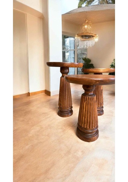 Açık Ceviz Renkli 3’lü Mantar Sehpa Seti – Dekoratif Ahşap Yan Sehpalar