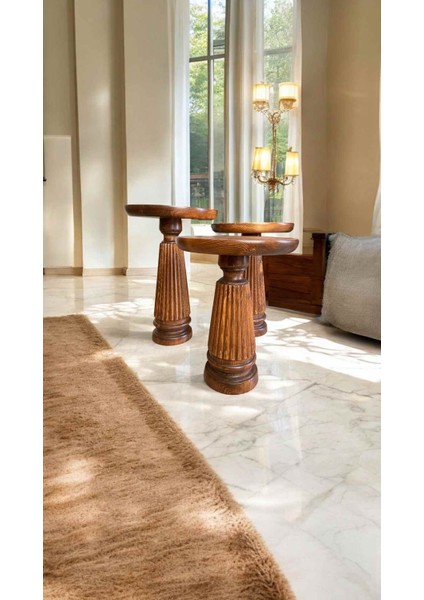 Açık Ceviz Renkli 3’lü Mantar Sehpa Seti – Dekoratif Ahşap Yan Sehpalar modelleri