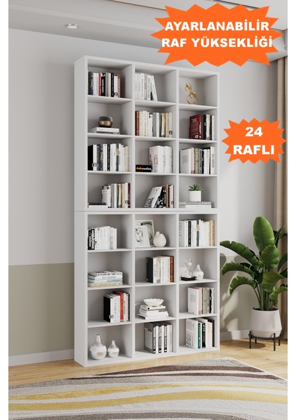 AE-1079 Imre Beyaz 24 Raflı Kitaplık Kütüphane Ayarlanabilir Raf Geniş Çocuk Odası