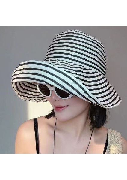 Katlanabilir Yaz Çizgili Balıkçı Güneş Şapkası Moda Büyük Baş Çevresi Güneş Şapkası (Yurt Dışından)