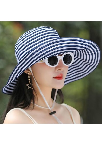 Katlanabilir Yaz Çizgili Balıkçı Güneş Şapkası Moda Büyük Baş Çevresi Güneş Şapkası (Yurt Dışından)