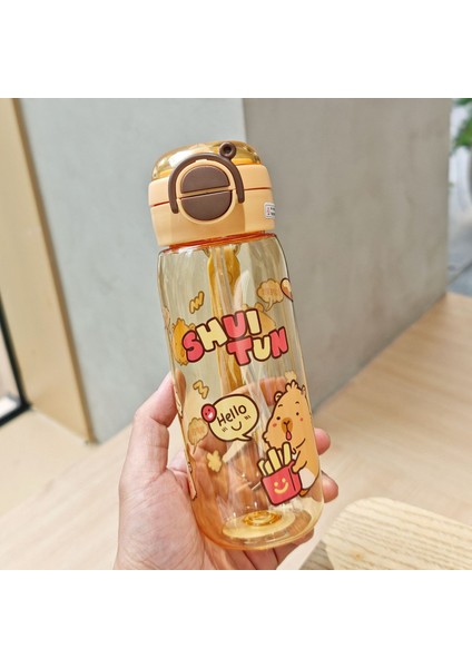 Karikatür Kapipbara Çift Içme Bardağı Taşınabilir Kayış Pipet Bardak Öğrenci Su Bardağı Çocuk Pipet Plastik Bardak (Yurt Dışından)