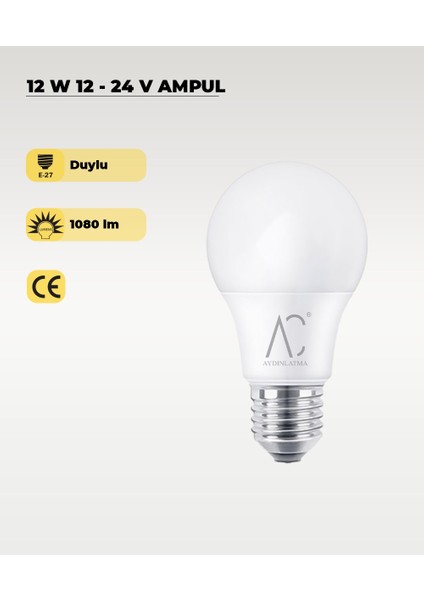 12W 12-24V Ampul 6500K - Beyaz Işık - E-27 Duy