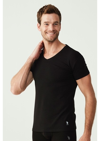 Lisanslı %100 Pamuklu Erkek Kısa Kol V Yaka Atlet 2'li Kutulu Paket/ Siyah