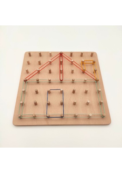 Eğitici Ahşap Montessori Geometri Oyunu - Kavelalı Tahta ve Renkli Kauçuk Lastikler - Şekil Oluşturma, Çarpma Mantığı, Odaklanma Becerileri