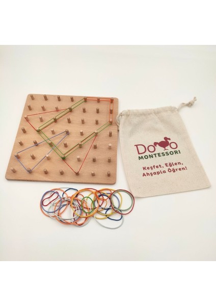 Eğitici Ahşap Montessori Geometri Oyunu - Kavelalı Tahta ve Renkli Kauçuk Lastikler - Şekil Oluşturma, Çarpma Mantığı, Odaklanma Becerileri fiyatları