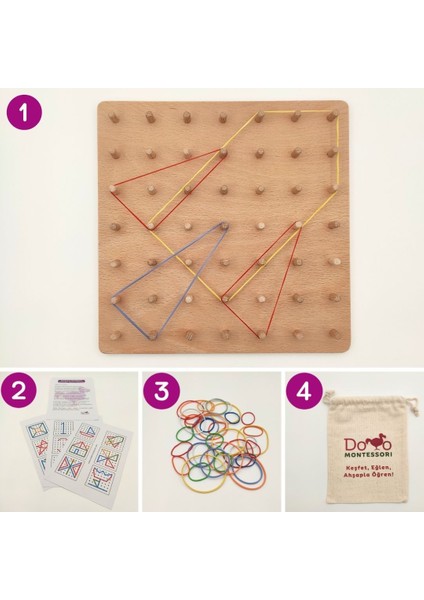 Eğitici Ahşap Montessori Geometri Oyunu - Kavelalı Tahta ve Renkli Kauçuk Lastikler - Şekil Oluşturma, Çarpma Mantığı, Odaklanma Becerileri modelleri