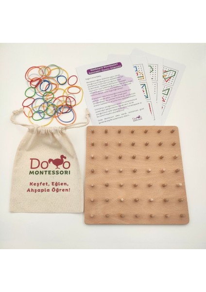 Eğitici Ahşap Montessori Geometri Oyunu - Kavelalı Tahta ve Renkli Kauçuk Lastikler - Şekil Oluşturma, Çarpma Mantığı, Odaklanma Becerileri