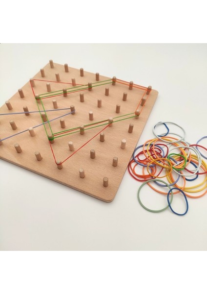 Eğitici Ahşap Montessori Geometri Oyunu - Kavelalı Tahta ve Renkli Kauçuk Lastikler - Şekil Oluşturma, Çarpma Mantığı, Odaklanma Becerileri