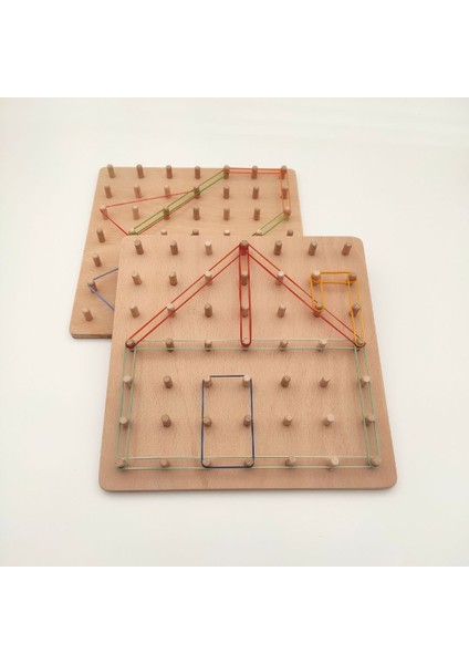 Eğitici Ahşap Montessori Geometri Oyunu - Kavelalı Tahta ve Renkli Kauçuk Lastikler - Şekil Oluşturma, Çarpma Mantığı, Odaklanma Becerileri
