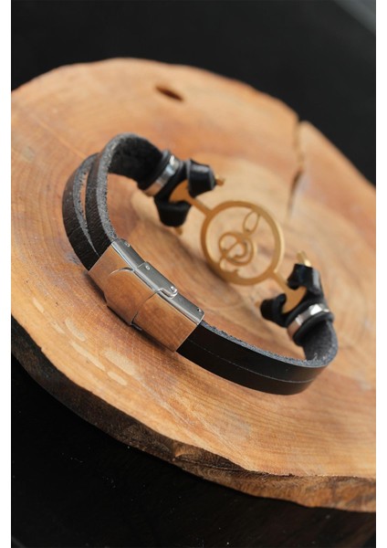 Gold Renk Metal Sol Anahtarlı Tasarım Siyah Renk Deri Erkek Bileklik - EBJ250726W36947 fiyatları