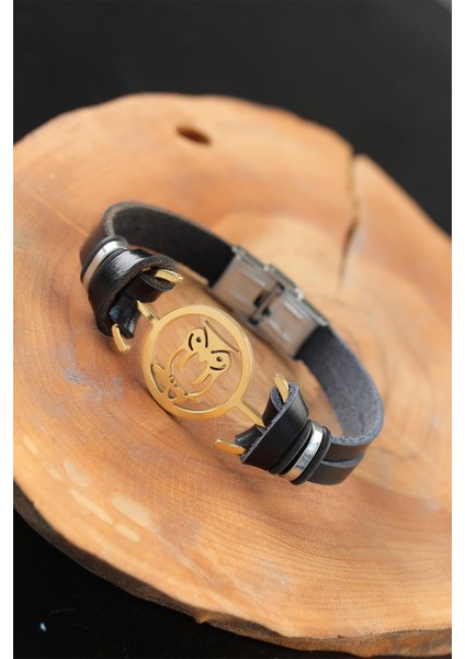Gold Renk Baykuşlu Metal Aksesuarlı Siyah Renk Deri Erkek Bileklik - EBJ250726W36948