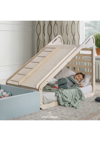 Sleepy Ahşap Montessori Yatak 70X140CM ve Aksesuarları | Masa | Kara Tahta| Salıncak | Kaydırak ve tırmanma