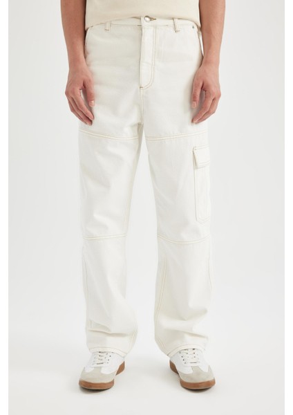 %100 Pamuk Baggy Geniş Kalıp Normal Bel Geniş Paça Beyaz Jean Pantolon C1511AX24SM fırsatları