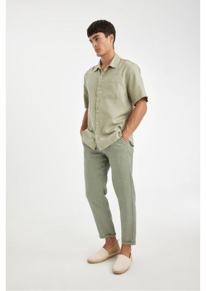 %100 Keten Normal Kesim Crop Duble Paça Yazlık Kumaş Pantolon C1826AX24SM