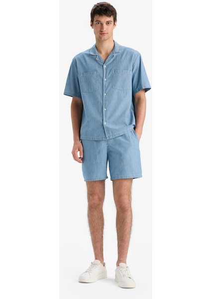 %100 Pamuk Yazlık Beli Lastikli Relax Fit Rahat Jean Bermuda Şort F5594AX25SM