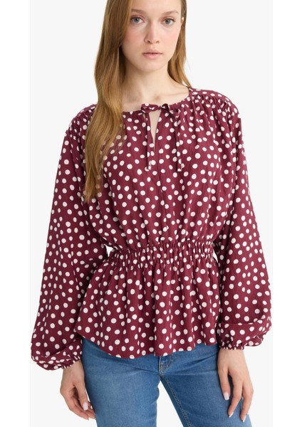 Regular Fit Bisiklet Yaka Puantiyeli Uzun Kollu Bluz E9920AX25AU