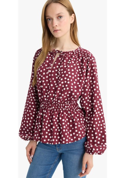 Regular Fit Bisiklet Yaka Puantiyeli Uzun Kollu Bluz E9920AX25AU fırsatları