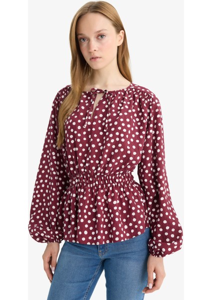 Regular Fit Bisiklet Yaka Puantiyeli Uzun Kollu Bluz E9920AX25AU indirimleri