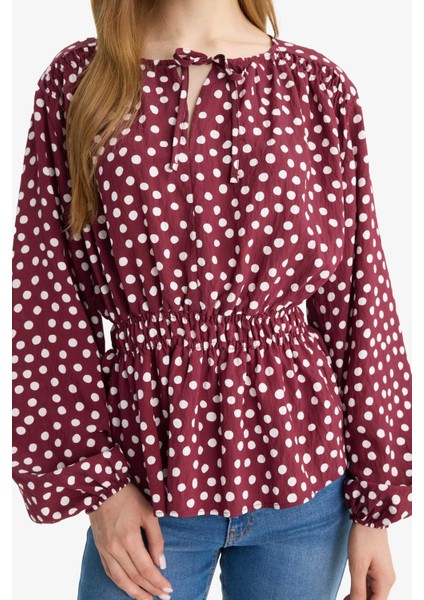 Regular Fit Bisiklet Yaka Puantiyeli Uzun Kollu Bluz E9920AX25AU