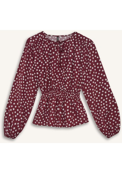 Regular Fit Bisiklet Yaka Puantiyeli Uzun Kollu Bluz E9920AX25AU