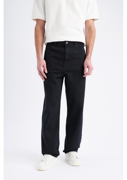 %100 Pamuk Baggy Fit Geniş Kalıp Normal Bel Geniş Paça Siyah Jean Pantolon E5388AX25SP fırsatları