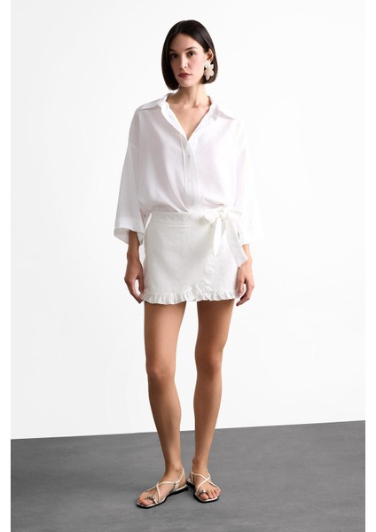 Bağlamalı Beyaz Mini Şort Etek F8337AX25SM