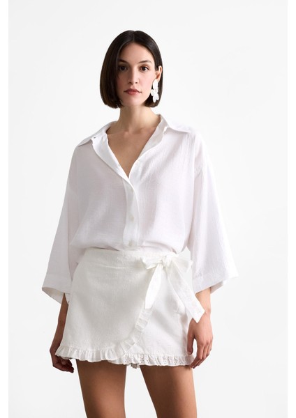 Bağlamalı Beyaz Mini Şort Etek F8337AX25SM fırsatları