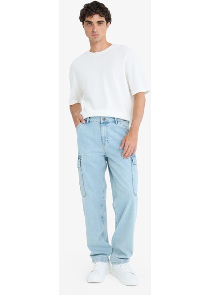 %100 Pamuk Relax Fit Rahat Kesim Düz Paça Kargo Cepli Jean Yıkamalı Pantolon F2381AX25SP