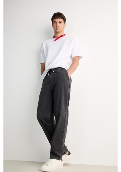 Yazlık Wide Leg Geniş Kalıp Beli Lastikli Geniş Paça Jean Kar Yıkamalı Pantolon