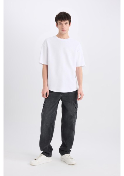 %100 Pamuk Relax Fit Rahat Kesim Geniş Paça Kargo Cepli Siyah Jean Pantolon E6694AX25SP