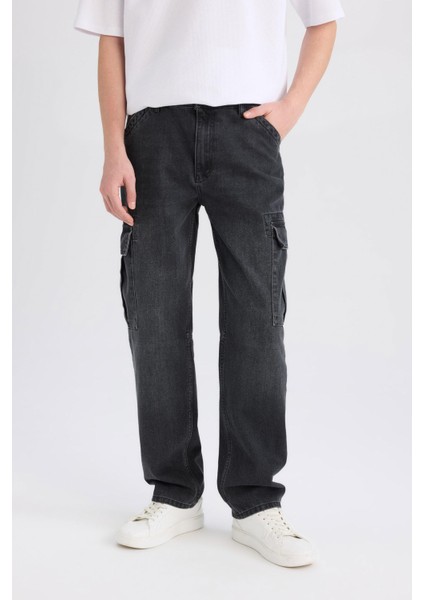 %100 Pamuk Relax Fit Rahat Kesim Geniş Paça Kargo Cepli Siyah Jean Pantolon E6694AX25SP fırsatları