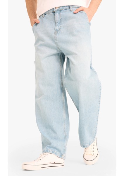 %100 Pamuk Skater Fit Geniş Kalıp Yüksek Bel Geniş Paça Jean Pantolon F3925AX25SM