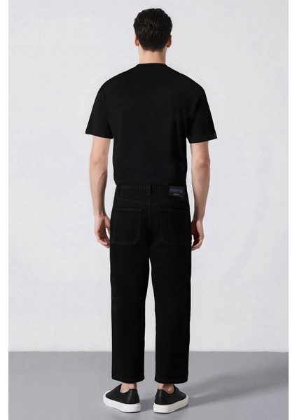 %100 Pamuk Skater Fit Geniş Kalıp Yüksek Bel Geniş Paça Siyah Jean Pantolon F3926AX25SM